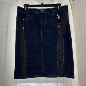 Y2K Vintage Baby Phat Denim Pencil Skirt Herringbone Wool‎ Gold Tone Size 9 32"
